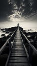 Noir coastal scene, Fishing jetty depicted in evocative black and white tones