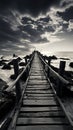 Noir coastal scene, Fishing jetty depicted in evocative black and white tones