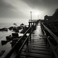 Noir coastal scene, Fishing jetty depicted in evocative black and white tones