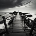 Noir coastal scene, Fishing jetty depicted in evocative black and white tones