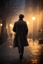 Noir Reverie: A lone silhouette, donning a black coat and top hat, traverses the deserted city alley