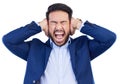 Noise, anger and screaming with business man in studio for headache, frustrated and burnout. Mental health, anxiety and Royalty Free Stock Photo
