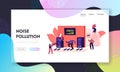 Noise Pollution Landing Page Template. Tiny Characters Cover Ears to Avoid Annoying Sounds made by Neighbours