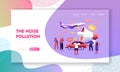 Noise Pollution Landing Page Template. Tiny Characters Covering Ears to Avoid Annoying Sounds made by Transport