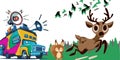 Noisy camper deer run away birds fly vector graphics illustration