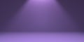 Noisy light violet empty background with studio spotlight on top in the form of a cone with darkened edges. 3d render