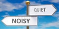 Noisy and quiet as different choices in life - pictured as words Noisy, quiet on road signs pointing at opposite ways to show that