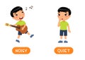 NOISY and QUIET Illustration of opposites. Little asian boy splaying guitar and the girl is silent.