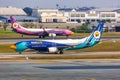 NokAir Boeing 737-800 airplanes at Bangkok Don Mueang Airport in Thailand