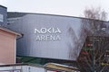 Nokia Arena, close up of the sign on outside wall. Tampere, Finland Royalty Free Stock Photo