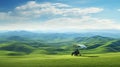 Nomad on glider, soaring above green hills, contemplating the expanses of the world.Inspirational, with landscape and