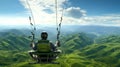 Nomad on glider, soaring above green hills, contemplating the expanses of the world.Inspirational, with landscape and