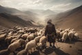 nomad with their flock of sheep, traveling across the mountains