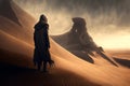 Nomadic bedouin man observing a deep desert landscape. Dystopian world. Royalty Free Stock Photo