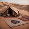 A nomadic desert tent home with intricate textiles and rugs, blending with the surrounding dunes Royalty Free Stock Photo