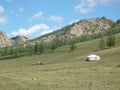 A nomadic family in the silent meadow, Terelj valley, Tuv province, Mongolia. Royalty Free Stock Photo