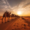 the nomadic journey of a herd of camels, crossing vast desert expanses in search of oases by AI generated Royalty Free Stock Photo