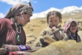 Nomadic people working various handicrafts carpets, rugs, etc. to sell in the city near the high altitude lake of Tso Moriri