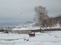 The nomadic tents (gers) in the freezing winter in the Bogd Khaan valley, Tuv, Mongolia.