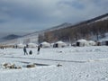 Nomadic tents in the long winter of the Bogd Khaan valley, Tuv, Mongolia.