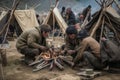 nomadic tribe constructing new tent village