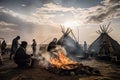 nomadic tribe cooking over open fire, with smoke rising into the sky Royalty Free Stock Photo