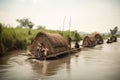 nomadic tribe crossing river on rafts made of reeds