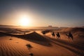 nomadic tribe crossing a vast desert, with the sun setting behind them