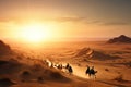 nomadic tribe crossing a vast desert, with the sun setting behind them