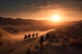 nomadic tribe crossing a vast desert, with the sun setting behind them