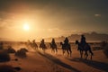 nomadic tribe crossing a vast desert, with the sun setting behind them