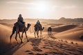 nomadic tribe traveling by camel on desert sands