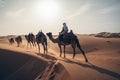 nomadic tribe traveling by camel on desert sands