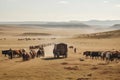 nomadic tribe traversing vast, open landscape with pack animals and carts