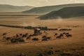 nomadic tribe traversing vast, open landscape with pack animals and carts