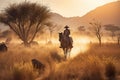 nomadic tribesman riding horse through sun-drenched savannah Royalty Free Stock Photo