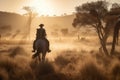 nomadic tribesman riding horse through sun-drenched savannah Royalty Free Stock Photo