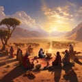 Nomads Praying in Desert Landscape