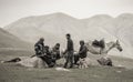 Nomads start the day with their horses and dog on a foggy morning in the Tian Shan Mountains of Kyrgyzstan