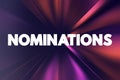 Nominations - part of the process of selecting a candidate for either election, or the bestowing of an honor or award, text Royalty Free Stock Photo