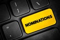 Nominations - part of the process of selecting a candidate for either election, or the bestowing of an honor or award, text