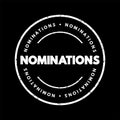 Nominations - part of the process of selecting a candidate for either election, or the bestowing of an honor or award, text Royalty Free Stock Photo