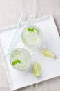 Non alcohol cold mojito cocktail with fresh lime, mint and crushed ice on plate with ice a linen textile Royalty Free Stock Photo