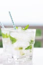 Non alcohol cold mojito cocktail with fresh lime, mint and crushed ice on a white plate Royalty Free Stock Photo