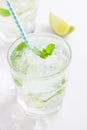 Non alcohol cold mojito cocktail with fresh lime, mint and crushed ice on a white plate Royalty Free Stock Photo