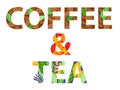 Non-alcoholic Drinks, Coffee And Tea Time Concept. Coffee And Tea Inscription Consisting Of Coffee Beans, Autumn Leaves