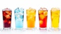 non alcoholic drinks in glasses with ice over white background . Generative Ai