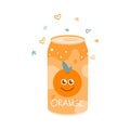 Non-alcoholic orange drink in an aluminum can. Cold carbonated juice, sweet water. Vector illustration in a flat style on a white