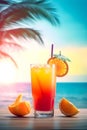 Non-alcoholic orange summer cocktail with summer beach on a background. Summer refreshing drink concept. Generated AI