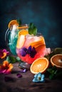Non-alcoholic orange summer cocktail with flowers in glass. Summer refreshing drink concept. Generated AI